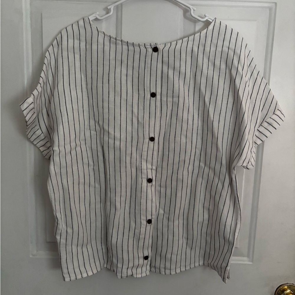 Rachel Zoe White Black Stripe Blouse Short Sleeve Button Back Top Size S - Picture 5 of 5